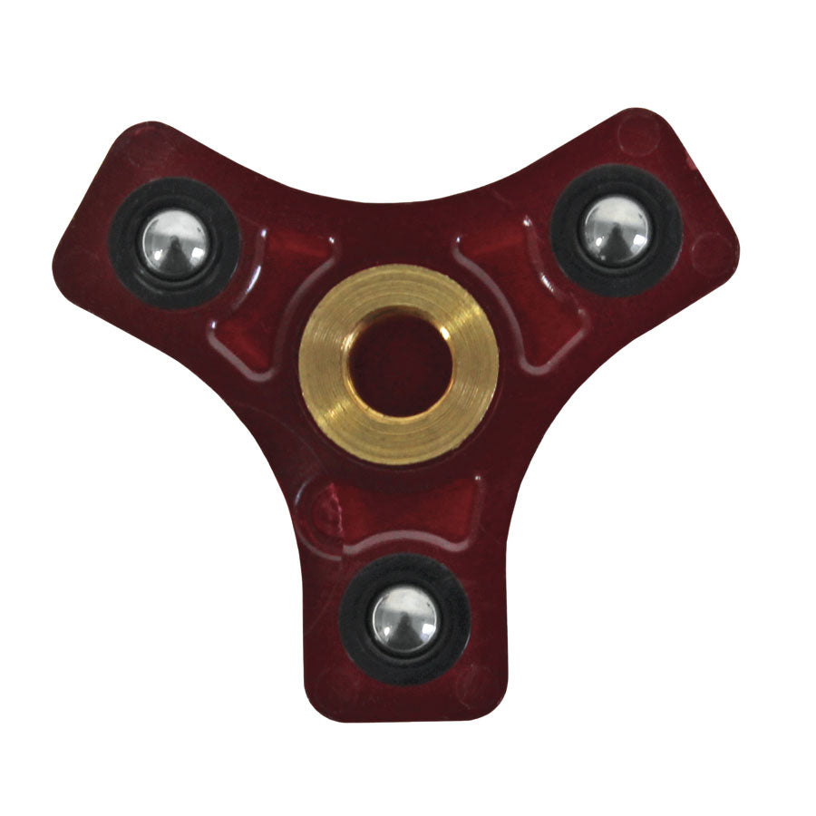 Comandante RX35 Red Clix Kværnindstiller kombinerer et rødt og sort design med et metallisk centralt leje. Dens tre ben har hver to cirkulære sektioner med sølvkuglelejer, suppleret med et elegant guldfarvet center.