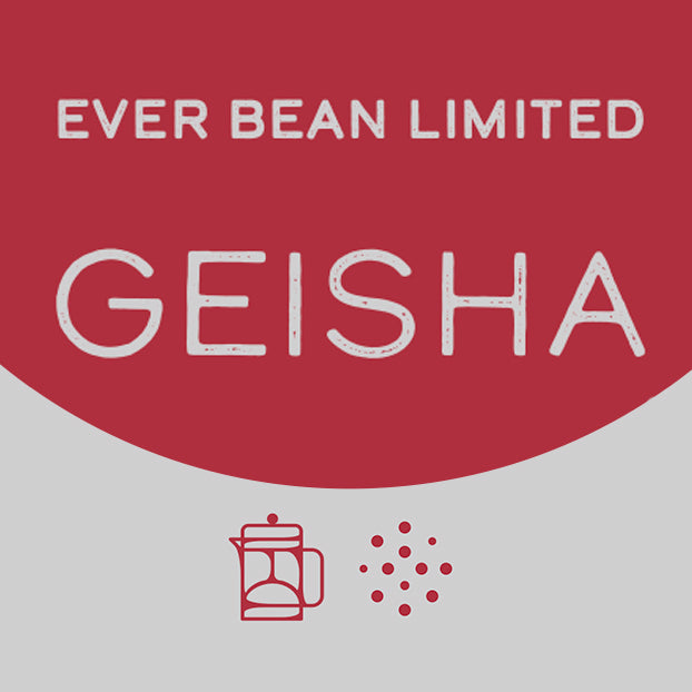 Rød og hvid grafik med teksten "EverBean Limited, Columbia Geisha." Nedenfor fremhæver en rød omrids af en kaffemaskine og kaffebønner arrangeret i en cirkel denne særlige Geisha-kaffe fra EverBean Limited.