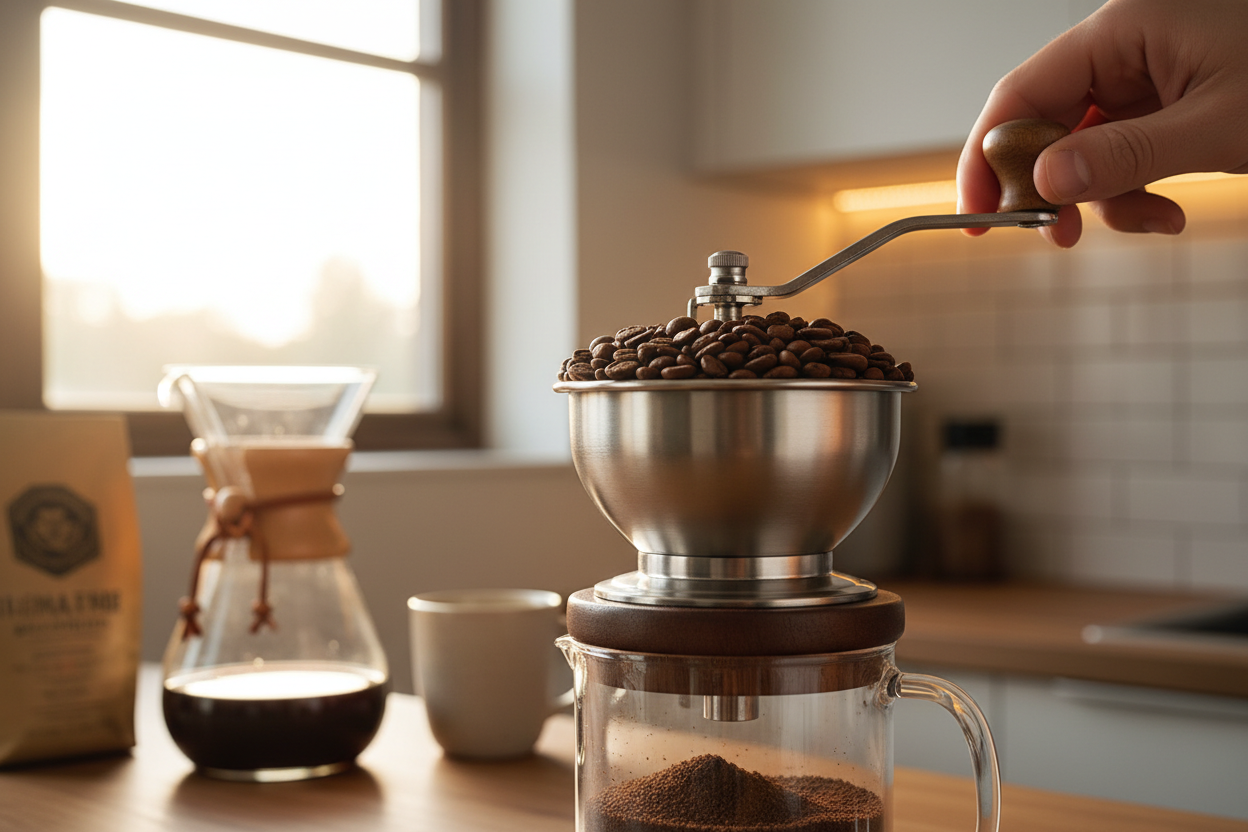 hele kaffebønner i en kværn, i køkken, med chemex kolben i baggrunden
