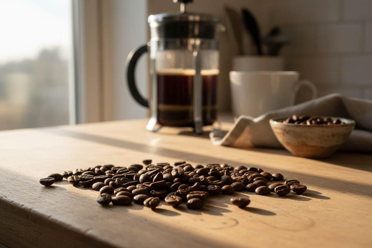 Kaffebønner spredt på et træbord i sollys, med en fransk presse, en hvid kaffekop og en lille skål med flere bønner i den slørede baggrund.