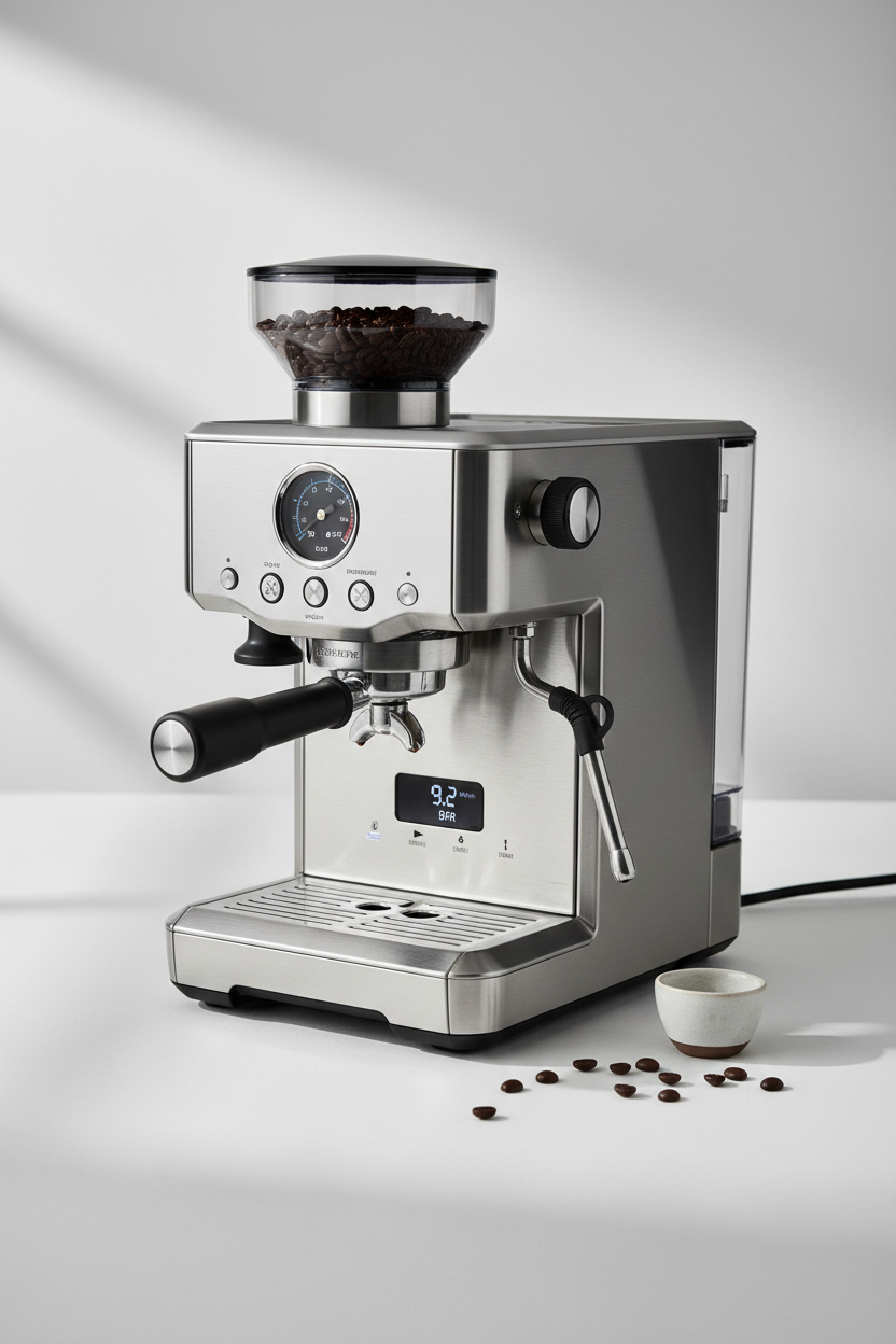 En espressomaskine i rustfrit stål med bønnebeholder, trykmåler, digitalt display, dampstang og portafilter står på en hvid overflade med kaffebønner og en lille kop ved siden af.