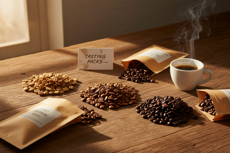 Tre typer kaffebønner, fra lys til mørk ristning, er udstillet på et træbord ved siden af matchende kraftposer, en dampende kop kaffe og et skilt med teksten "TASTING PACKS".