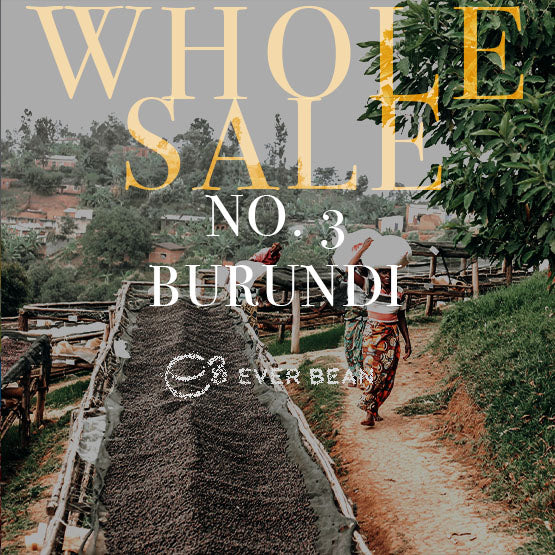 En person går ved siden af hævede tørrebede med No. 03 · Burundi (w) kaffe fra EverBean, med "WHOLESALE NO. 3 BURUNDI" og "EVER BEAN" oven på billedet. Grønne træer og landsbybygninger fremkalder milde, runde kaffenoter i baggrunden.