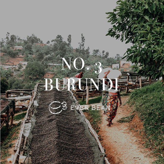 En kvinde går på en jordsti ved højbede med kaffebønner fra Burundi. Teksten lyder "No. 03 - Burundi, Single Serve" og "EverBean ApS". Ideel til pour over-elskere, der søger lysristet kaffe.