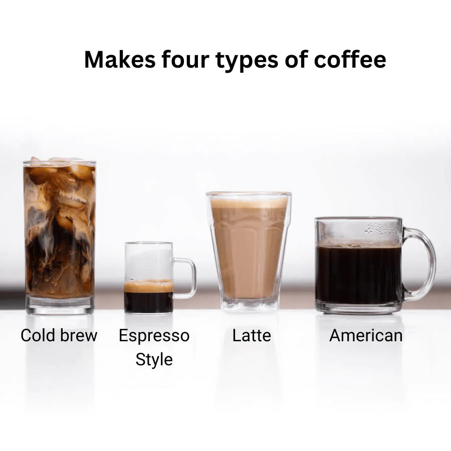 Oplev den ultimative kaffeoplevelse med fire kaffetyper: høj koldbryg, lille espresso, latteglas og et amerikansk kaffekrus. Løft din brygning med AeroPress XL kaffebrygger fra Aeropress.