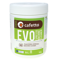 En rund hvid plastikbeholder med en grøn og hvid etiket læser "Cafetto EVO Cleaning Powder, 500g." Dette miljøvenlige produkt er ideelt til vedligeholdelse af halvautomatiske espressomaskiner og har et skruelåg.