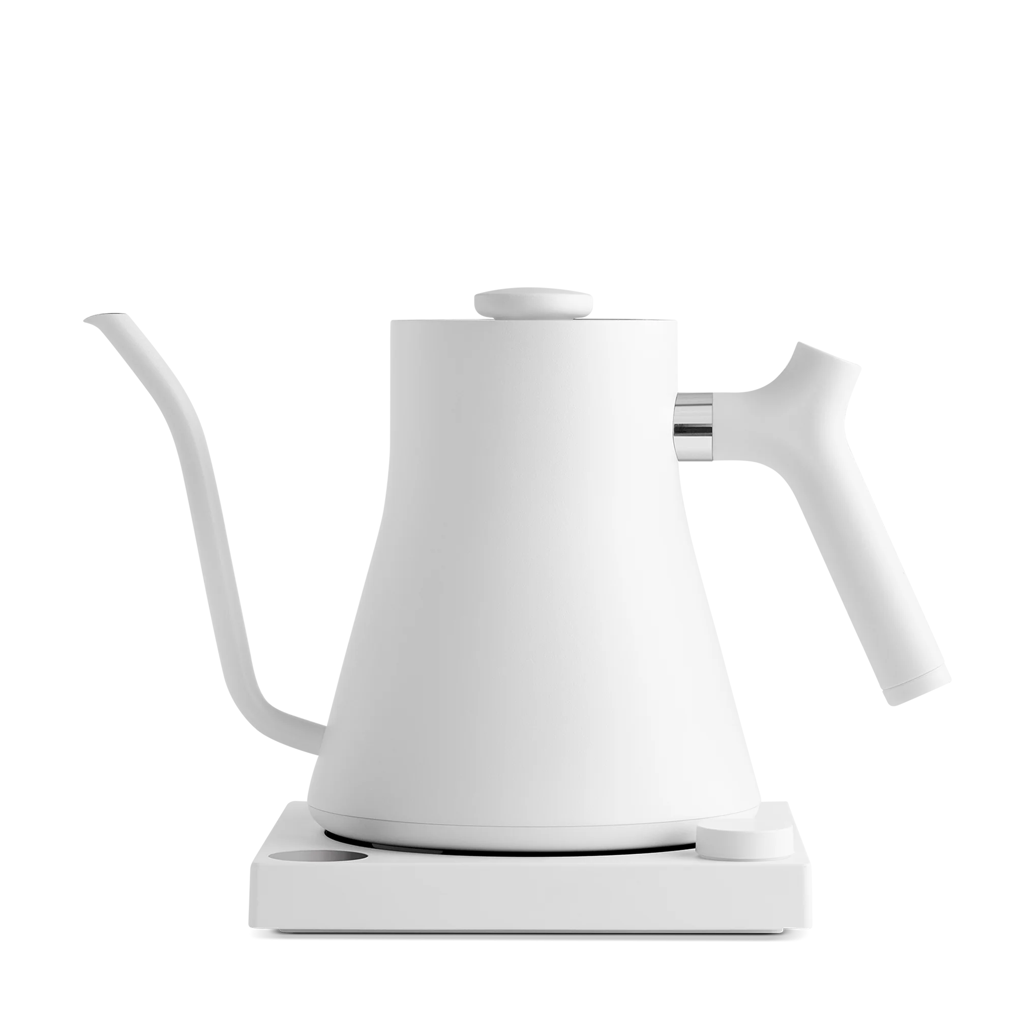Fellow Stagg EKG 0,9 L Elkedel er en moderne hvid pour-over-kedel med et slankt design, med en præcisionstud og et glat håndtag for let greb. Den tilbyder temperaturstyringsindstillinger og sidder elegant på en matchende firkantet base, hvilket forbedrer dens minimalistiske æstetik.