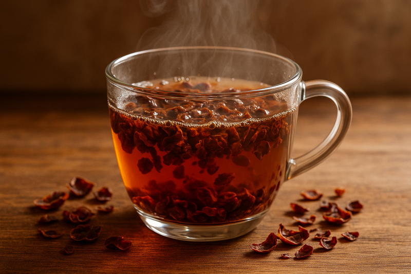 Et klart glaskrus fyldt med dampende Cascara Te (øko) fra EverBean ApS, omgivet af tørrede hibiscusblade og cascara te spredt på en træoverflade.