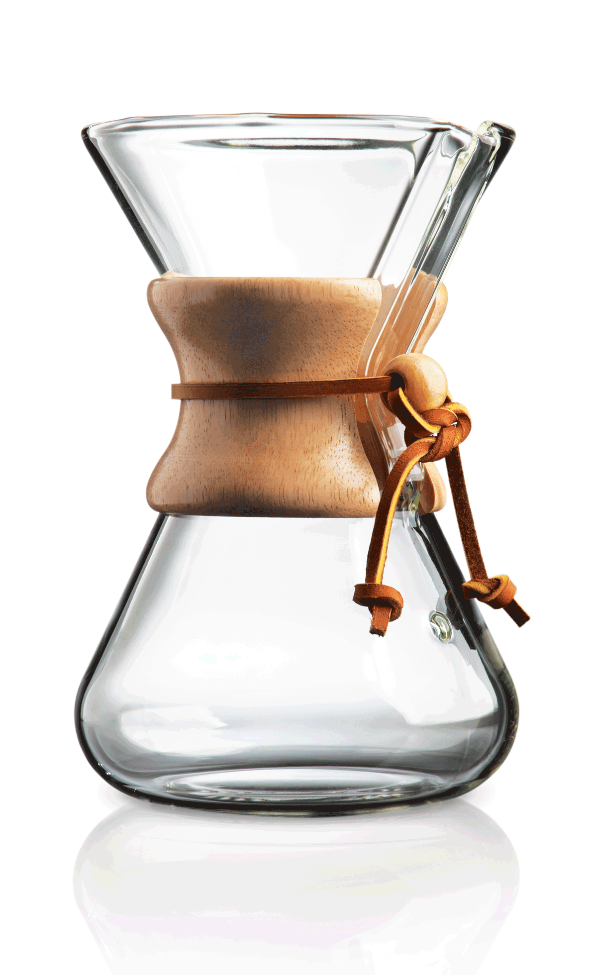 Chemex Kaffebrygger fra Chemex består af håndlavet glas med trækrave og læderslips, vist på en hvid baggrund.