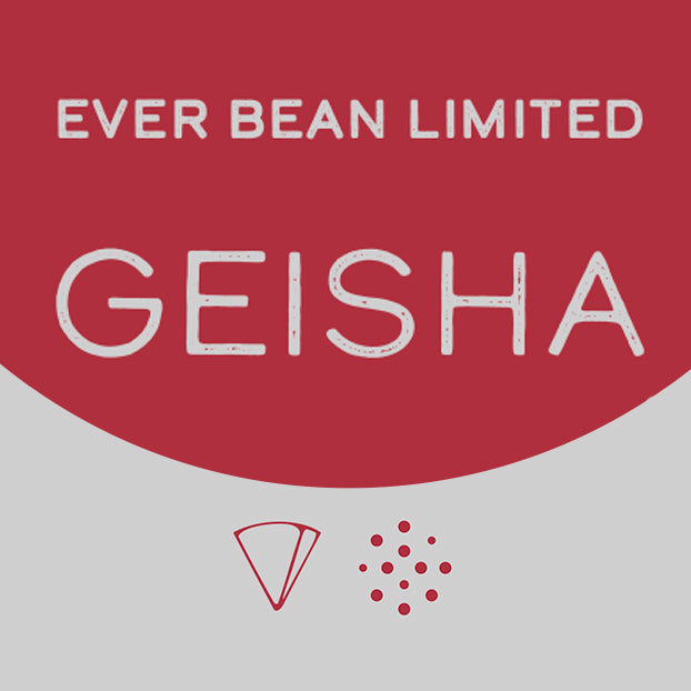 En rød og hvid grafik viser "EverBean Limited: Limited, Columbia Geisha", der fremhæver denne særlige kaffe, med minimalistiske ikoner af et kaffefilter og en prikklynge nedenunder.