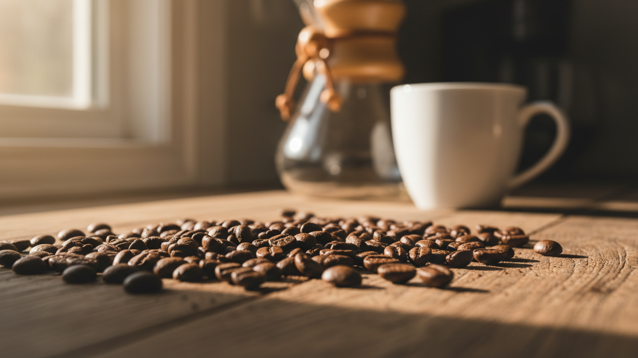 hele kaffebønner i køkkenet, med chemex kolben i baggrunden